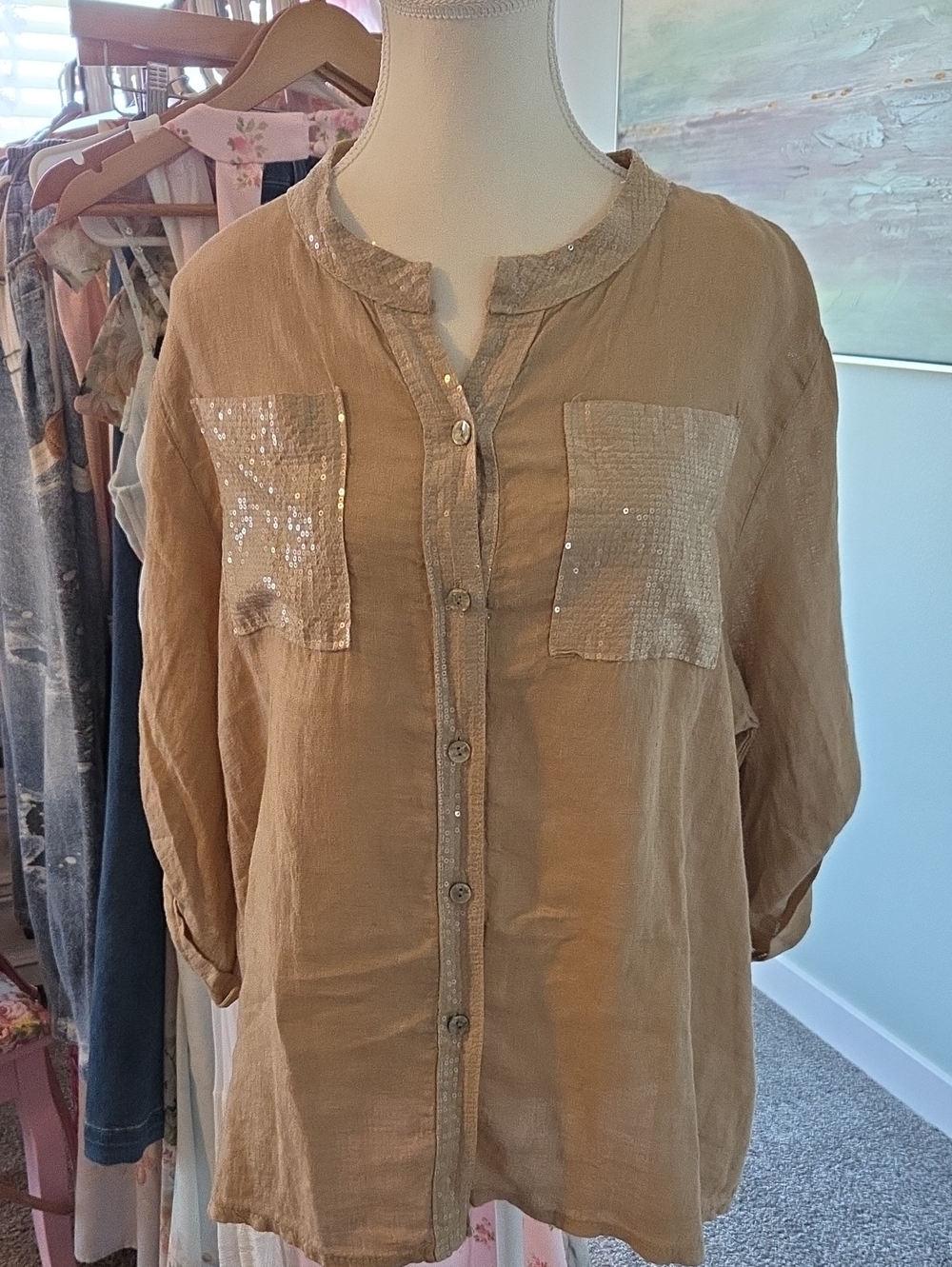 Sequin Pocket Button-Down Tunic Shirt - Tan NWOT 100% Pure Linen